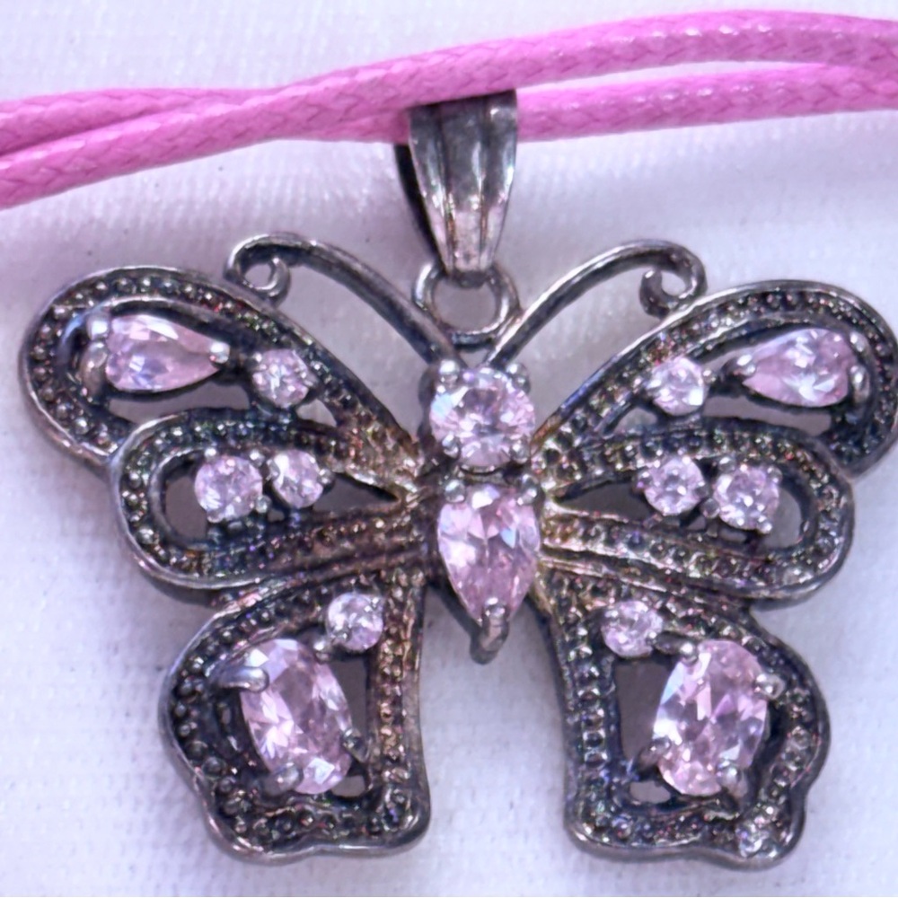 925 silver inscription crystals w/ rhinestones Pink Butterfly Pendant necklace